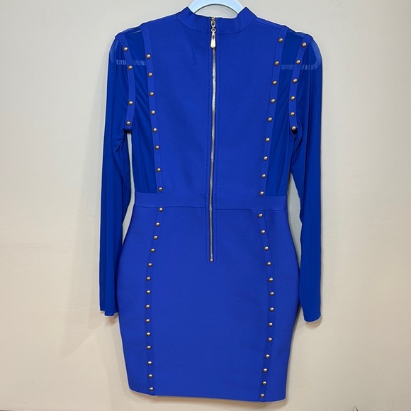 Blue Gold Embellished Bodycon Dress Mock Neck - Picture 3 of 5